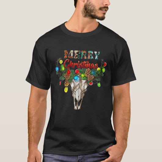 Western Boho Türkise Kuh Print Bull Skull Merry T-Shirt (Vorderseite)