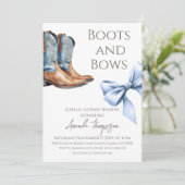 Western Boots and Bows Blue Boy Baby Shower Einladung (Stehend Vorderseite)