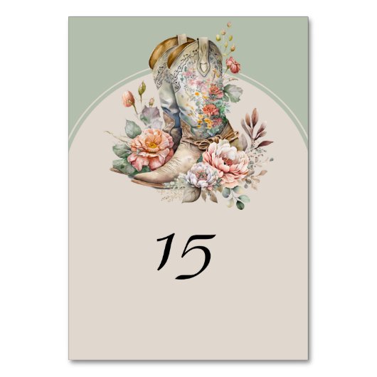 Western Boots Boho Floral Rustikale Quinceanera Tischnummer (Vorderseite)