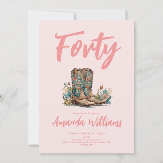 Western Boots Floral Fortieth Birthday Einladung (Vorderseite)