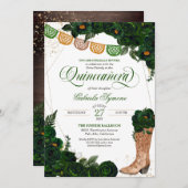Western Boots Green Floral Charro Quinceanera Invi Einladung (Vorne/Hinten)