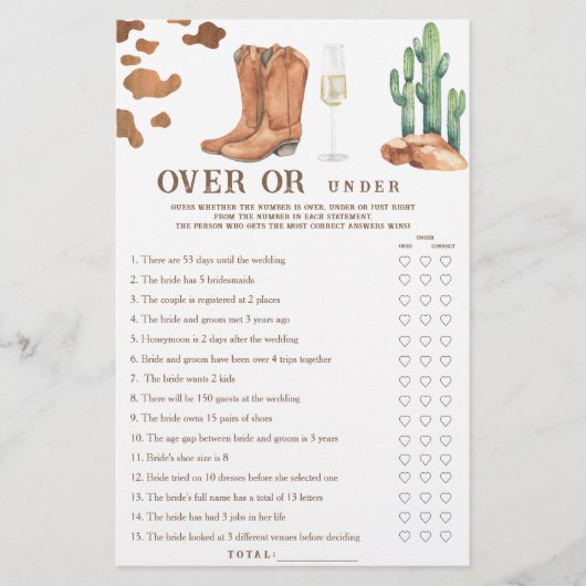 Western-Brautparty-Over oder unter Spiel (Vorderseite)