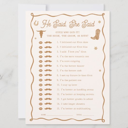 Western Brautparty sagte er sagte, sie sagte Game Einladung (Vorderseite)