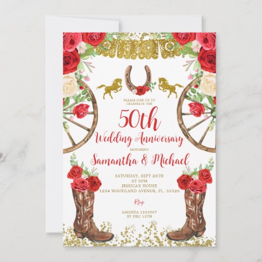 Western Bright Red Floral 50. Hochzeitstag Einladung (Vorderseite)