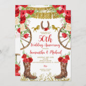 Western Bright Red Floral 50. Hochzeitstag Einladung (Vorne/Hinten)