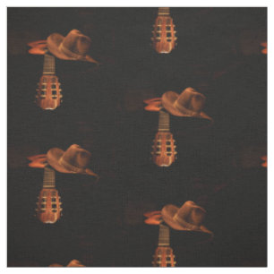 Western Bronze Cowboy Hat und Gitarre Print Fabric Stoff