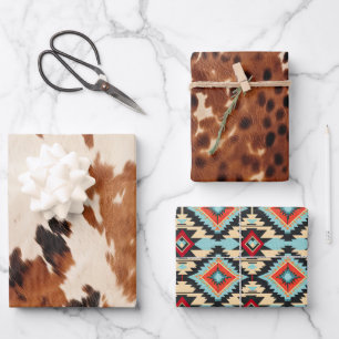 Western Brown Black Cream Cowhide Cowboy Cowgirl Geschenkpapier Set