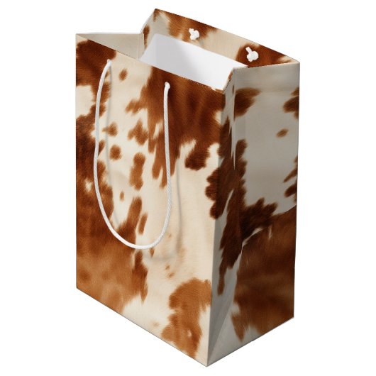 Western Brown Cream Cowhide Mittlere Geschenktüte (Rückseite Schrägansicht)
