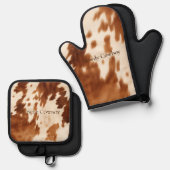 Western Brown Cream Cowhide Ofenhandschuh & Topflappen-Set (Vorderseite/Rückseite)