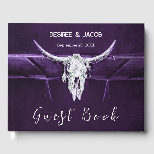 Western Bull Cow Skull Dunkel Lila Weiß Rustikal Gästebuch (Vorderseite)