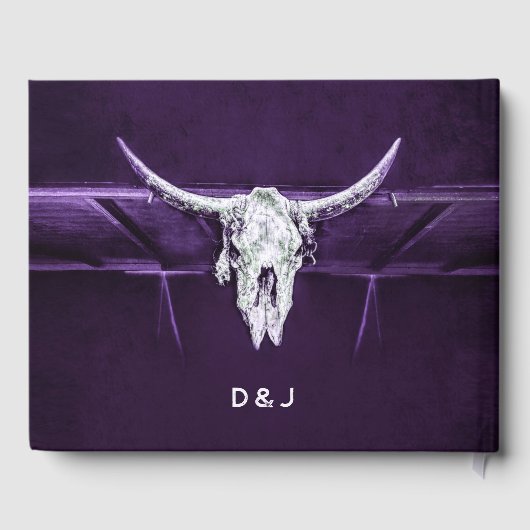 Western Bull Cow Skull Dunkel Lila Weiß Rustikal Gästebuch (Rückseite)