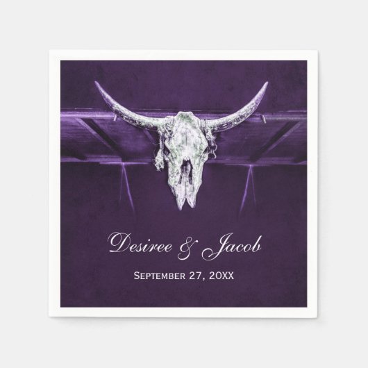 Western Bull Cow Skull Dunkel Lila Weiß Rustikal Serviette (Vorderseite)