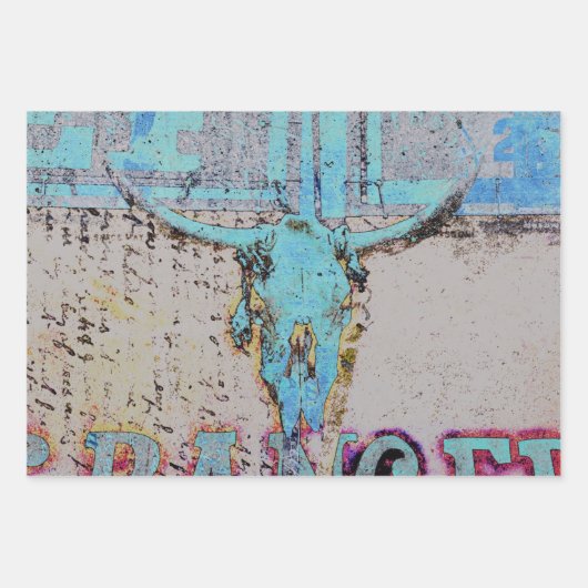 Western Bull Skull Aquamarin Blauer Rustikal Vinta Geschenkpapier Set (Vorderseite 2)