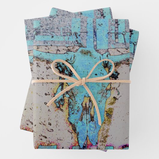 Western Bull Skull Aquamarin Blauer Rustikal Vinta Geschenkpapier Set (Beispiel)