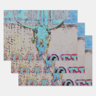 Western Bull Skull Aquamarin Blauer Rustikal Vinta Geschenkpapier Set