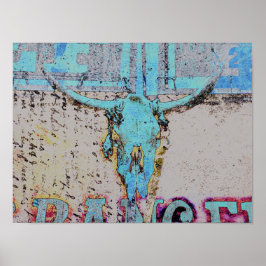 Western Bull Skull Aquamarin Blue Rustikal Vintag Poster