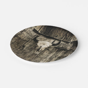 Western Bull Skull Barn Wood Sepia Vintag Rustikal Pappteller