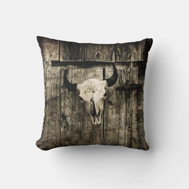 Western Bull Skull Wood Sepia Vintag Rustikal Kissen (Vorderseite)