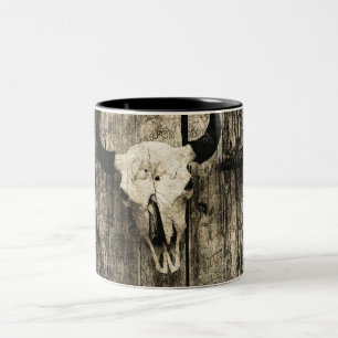 Western Bull Skull Wood Sepia Vintag Rustikal Zweifarbige Tasse