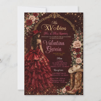 WESTERN Burgundy Charro Quinceañera Invitation Einladung