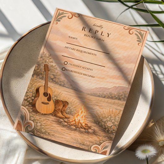 Western Campfire Guitar Meadow Wedding RSVP Karte