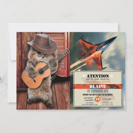 Western Cat Cowboy Musiker mit Gitarre Einladung (Vorderseite)
