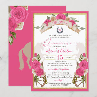 Western Charro Pink Roses Pferd Quinceañera Einladung