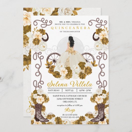 Western Charro Princess Ivory & Gold Quinceañera Einladung (Vorne/Hinten)