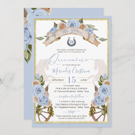 Western Charro Pulver Blaues Pferd Quinceanera Einladung (Vorne/Hinten)