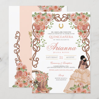 Western Charro Rose Gold Floral Quinceñera Einladung