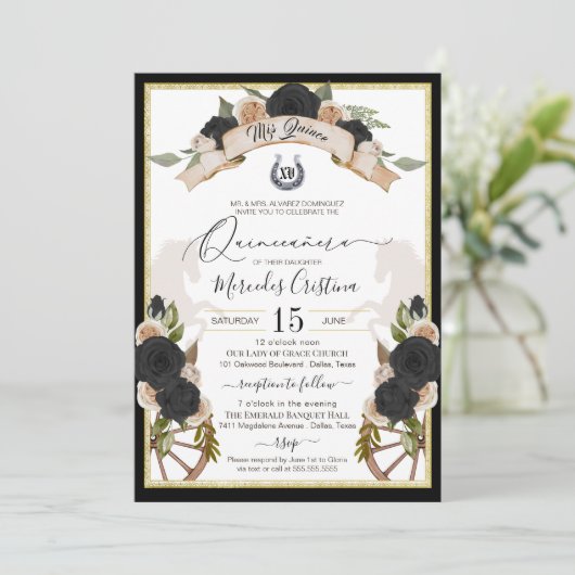 Western Charro Rose & Pferde Quinceanera Einladung (Stehend Vorderseite)