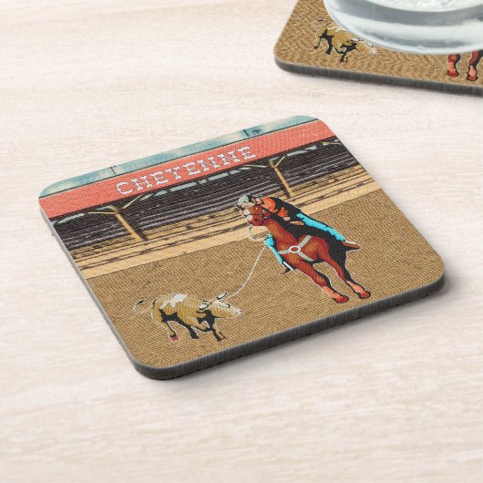 Western Cheyenne Rodeo Cowboy Team/Steer Roping Getränkeuntersetzer (Linke Seite)