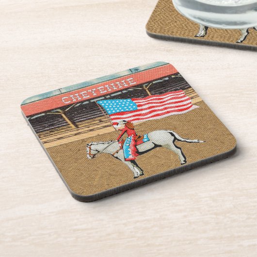 Western Cheyenne Rodeo Cowgirl American Flag Getränkeuntersetzer (Linke Seite)