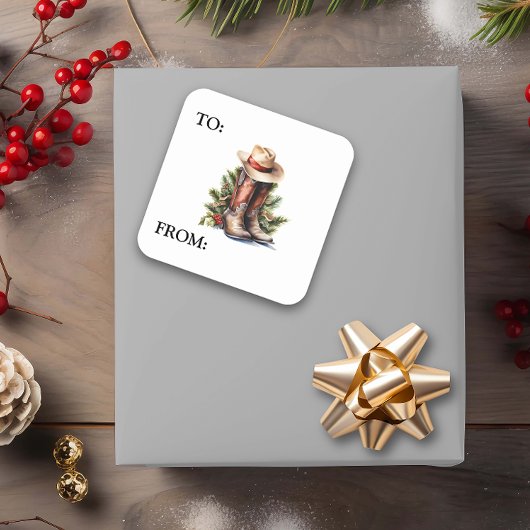 Western Christmas Cowboy Boots Hat Quadratischer Aufkleber