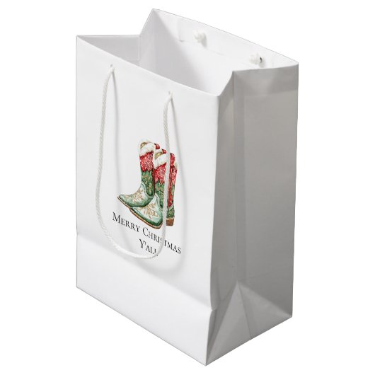 Western Christmas Red Cowboy Cowgirl Boots Mittlere Geschenktüte (Vorderseite Schrägansicht)