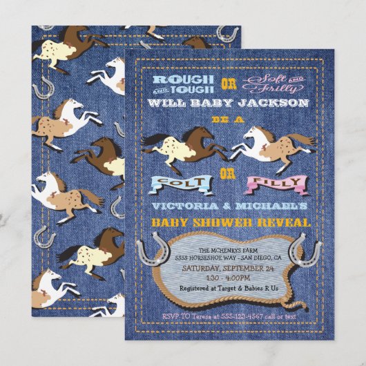 Western Colt oder Fillegender Reveal Baby Shower Einladung (Vorne/Hinten)