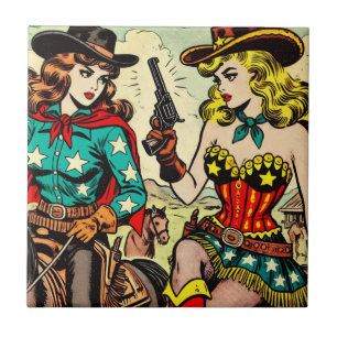 Western-Comics über Cowgirls im Vintage-Stil Fliese