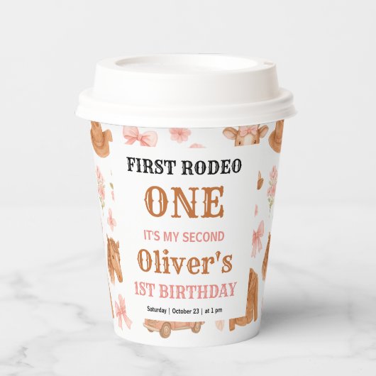 Western Coquette Cowgirl 1st Birthday Cute Pink Pappbecher (Vorderseite)