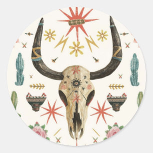 Western Country Aztec Bull Skull cactus Cacti Runder Aufkleber