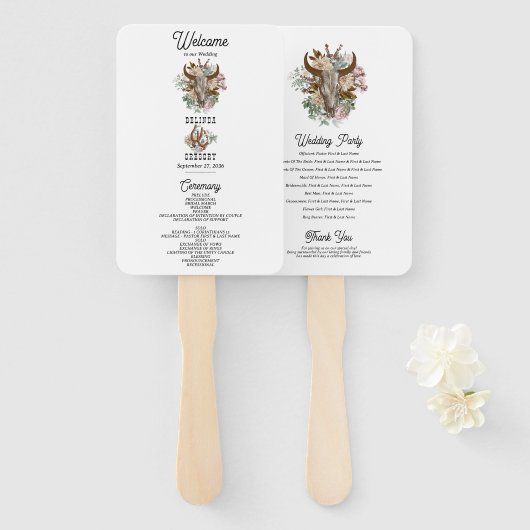 Western Country Boho Kuh Skull Hochzeitsprogramm Fächer (Vorne und Hinten)