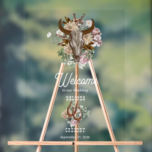 Western Country Cowboy Boho Kuh Skull Hochzeit Acrylschild (Neutral)