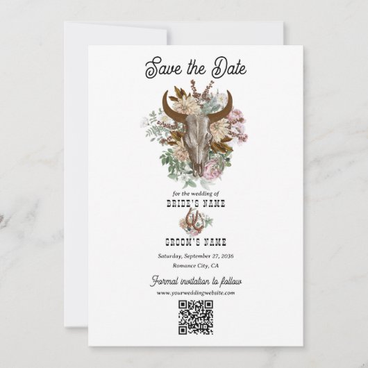 Western Country Cowboy Boho Kuh Skull Hochzeit Save The Date (Vorderseite)