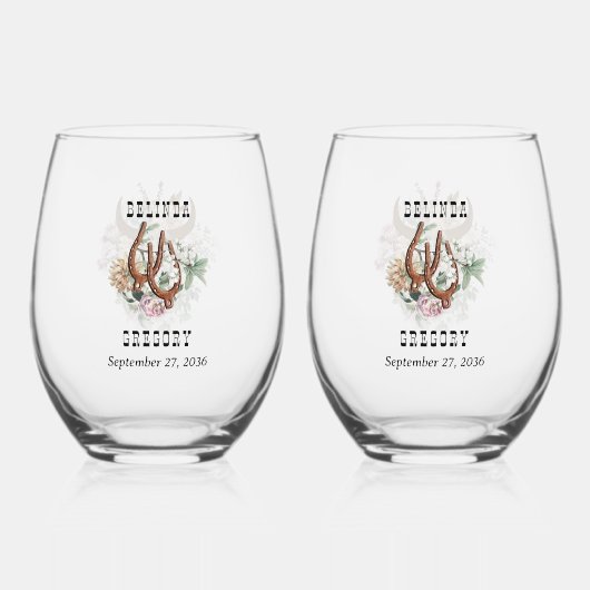 Western Country Cowboy Boho Kuh Skull Hochzeit Weinglas Ohne Stiel (Vorderseite)