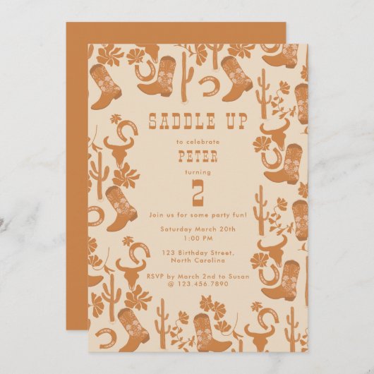 Western Country Cowboy Boots Sattel bis Geburtstag Einladung (Vorne/Hinten)