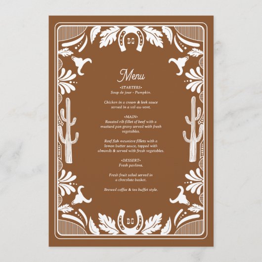Western Country Cowboy Rustikale Hochzeit Menükarte (Vorderseite)