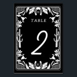 Western Country Cowboy Rustikale Hochzeit Tischnummer<br><div class="desc">Ein modernes Cowboy-Cowgirl-Design mit handgezeichneten Elementen eines Kuhschädels, Hufeisen, Blumen- und Kaktusschmuck. Schwarz-Weiß Blumenrahmen Hochzeitsdesign mit handgezogenen Blumen, Kakteen, Kuhschädel und Hufeisen. Dieses zeitgenössische, moderne Western Country Hochzeitsdesign ist ideal für alle Jahreszeiten. Ein elegantes, schwarz-weißes Ranch-, Bauernhof- oder Scheunendesign mit handgezeichneten Illustrationen. Ein Western Country Cowboy Thema Hochzeitsfeier Tischnummer Design...</div>