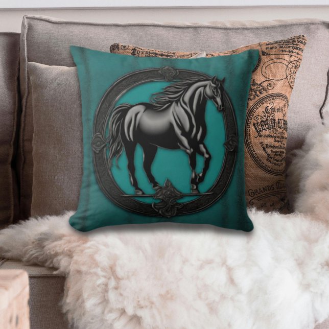 Western Country Equine Pferd Kissen (Rustic Western Country Teal black horse throw pillow)