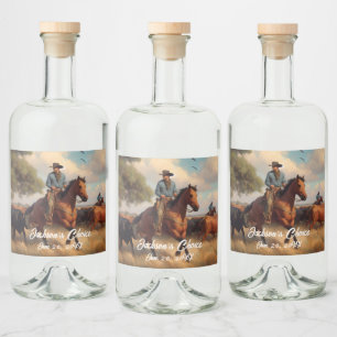 Western Cowboy and Bay Horse Wedding Alkoholflaschenetikett