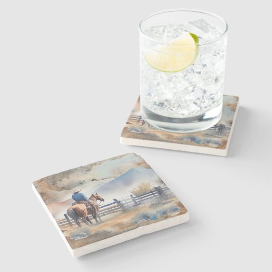 Western Cowboy auf Pferd Steinuntersetzer (Seitenansicht)