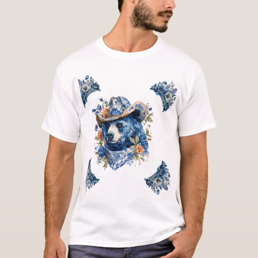 Western Cowboy Bear - Blue Bear with Floral Bandan T-Shirt (Vorderseite)